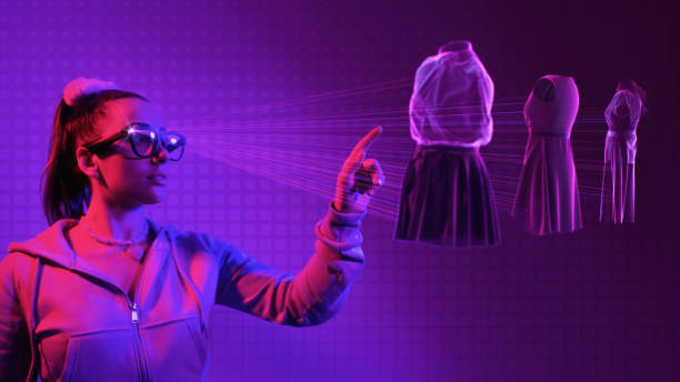 A personal stylist avatar assisting a customer avatar with virtual clothing selection in a metaverse store. (Market and products and services in the metaverse)
