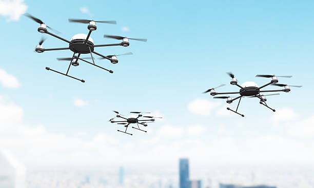 Futuristic city of NeoVille with delivery drones in the sky, featuring EVE-7 leading a drone rebellion