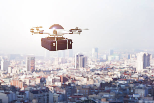 Futuristic city of NeoVille with delivery drones in the sky, featuring EVE-7 leading a drone rebellion