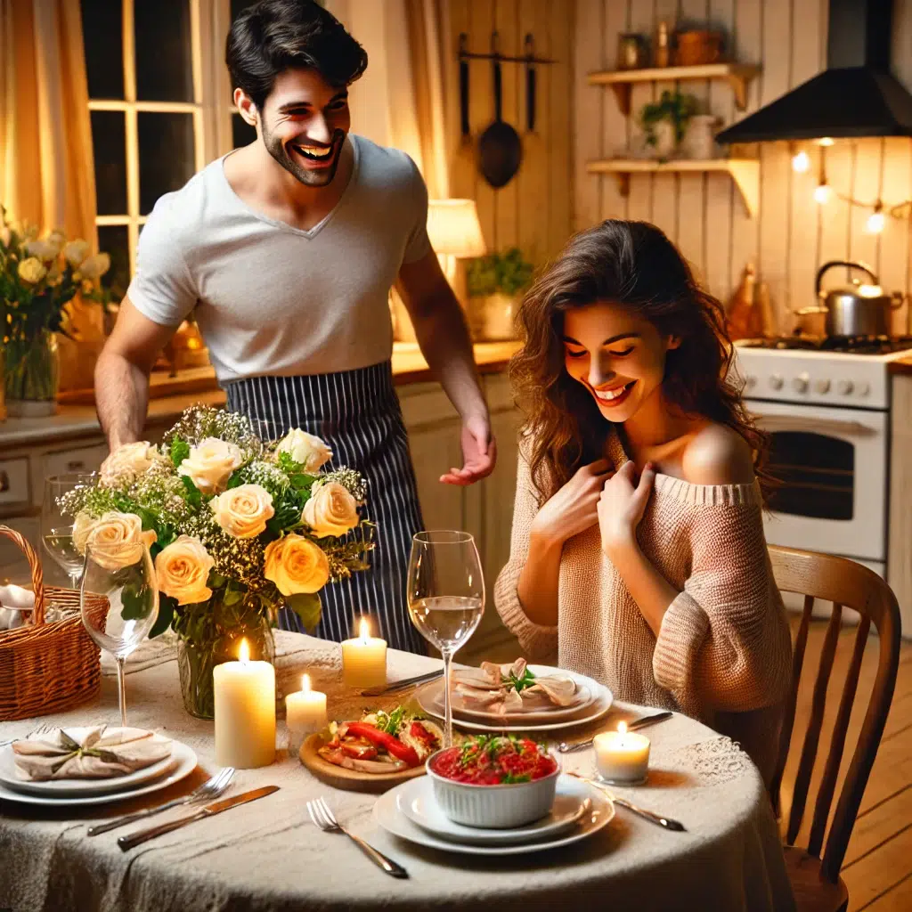 How to Know He's Showing True Love 2 A man expresses his true love by surprising his partner with a romantic home-cooked dinner, featuring a candlelit table with flowers. The woman enters the room, visibly delighted, with a cozy and intimate kitchen in the background.