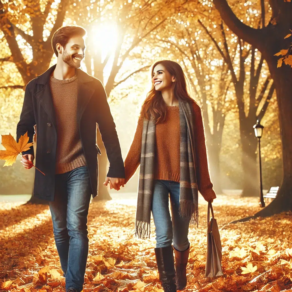 How to Know He's Showing True Love 3 A couple walking hand in hand in a serene autumn park, surrounded by golden leaves and soft sunlight, sharing smiles and joy, symbolizing true love and companionship